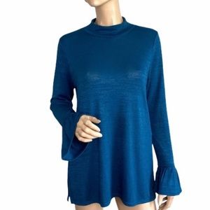 WHBM Teal Blue Mock Neck Bell Ruffle Sleeve Lightweight Tunic Sweater Top S